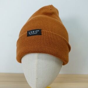 Brown Beanie Cap Fold Over Rib Knit Satin Lined Caramel Winter Hat Cuffed LVAIZ